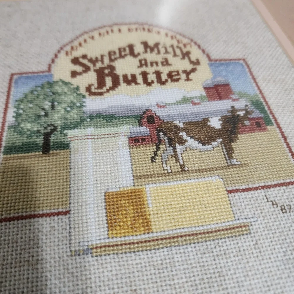 Vintage 1987 Handmade Cross Stitch Sweet Milk and Butter Dairy Farm Framed Art